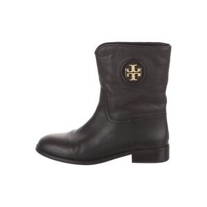Tory Burch Hallie Black Leather Bootie Gold Logo Medallion Ankle Boots- Size 7